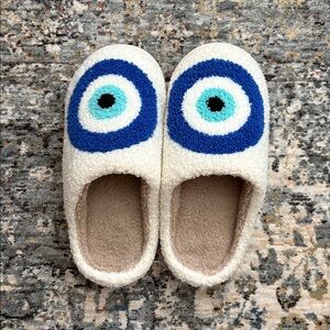 Blue and White Evil Eye Fuzzy Slippers Size 7/6